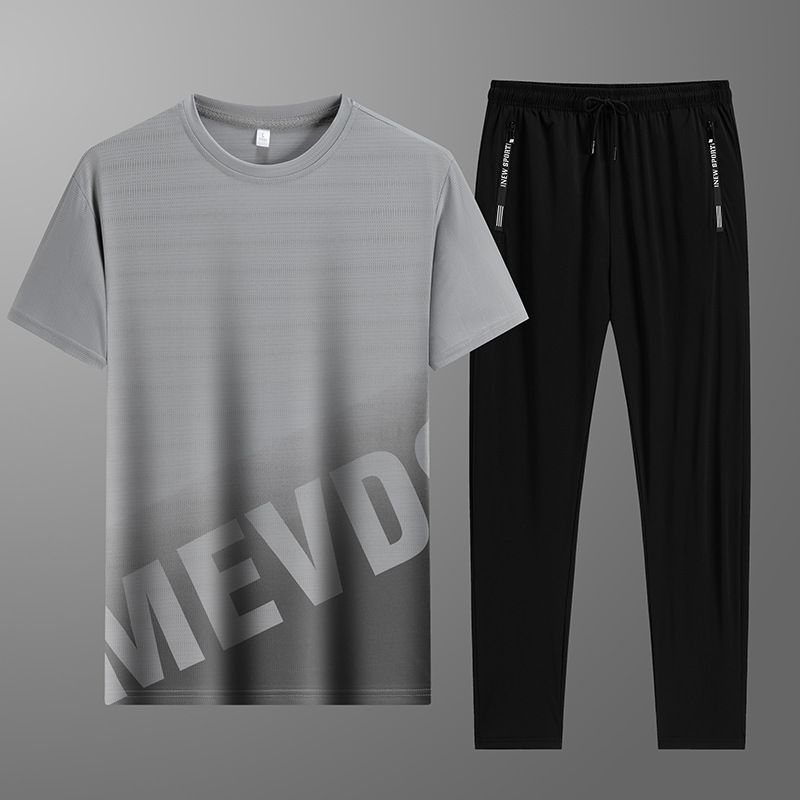CT Summer Three-Piece Set Ice Silk Long Pants Casual Youth Sports Suit Men's Short Sleeve T-Shirt Shorts Trendy_voghion.com