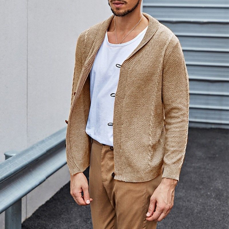 Grobstrick-Cardigan für Herren mit fallendem Revers und Lederknöpfen – Langärmliger Zopfstrickpullover (S-3XL, 6 Farben)_voghion.com