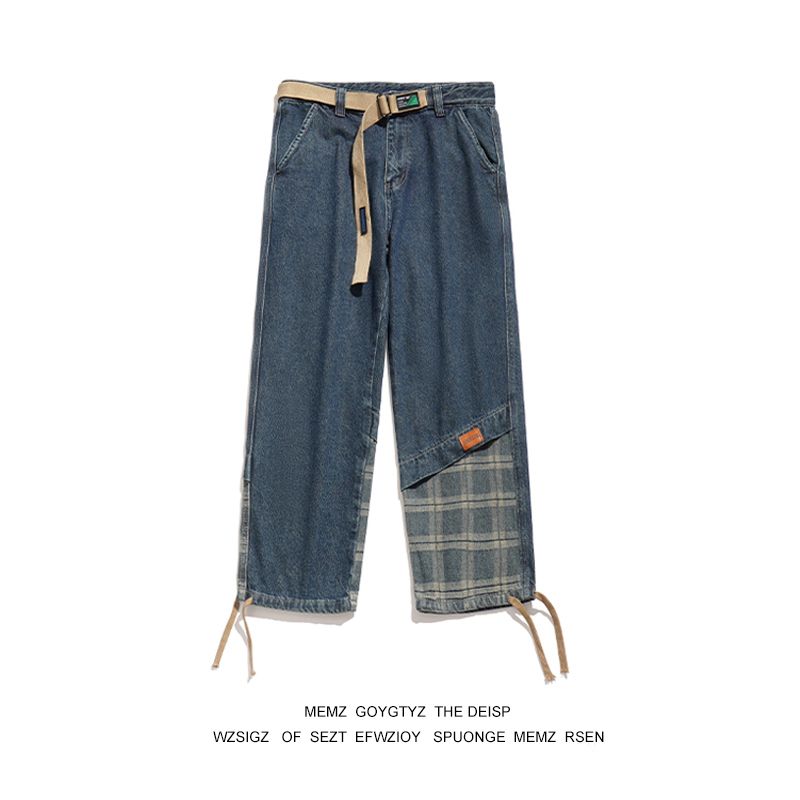 Chaopai High Street Spliced Jeans Men's Spring and Autumn Design Loose Drawstring Ankle Workwear Pants_voghion.com
