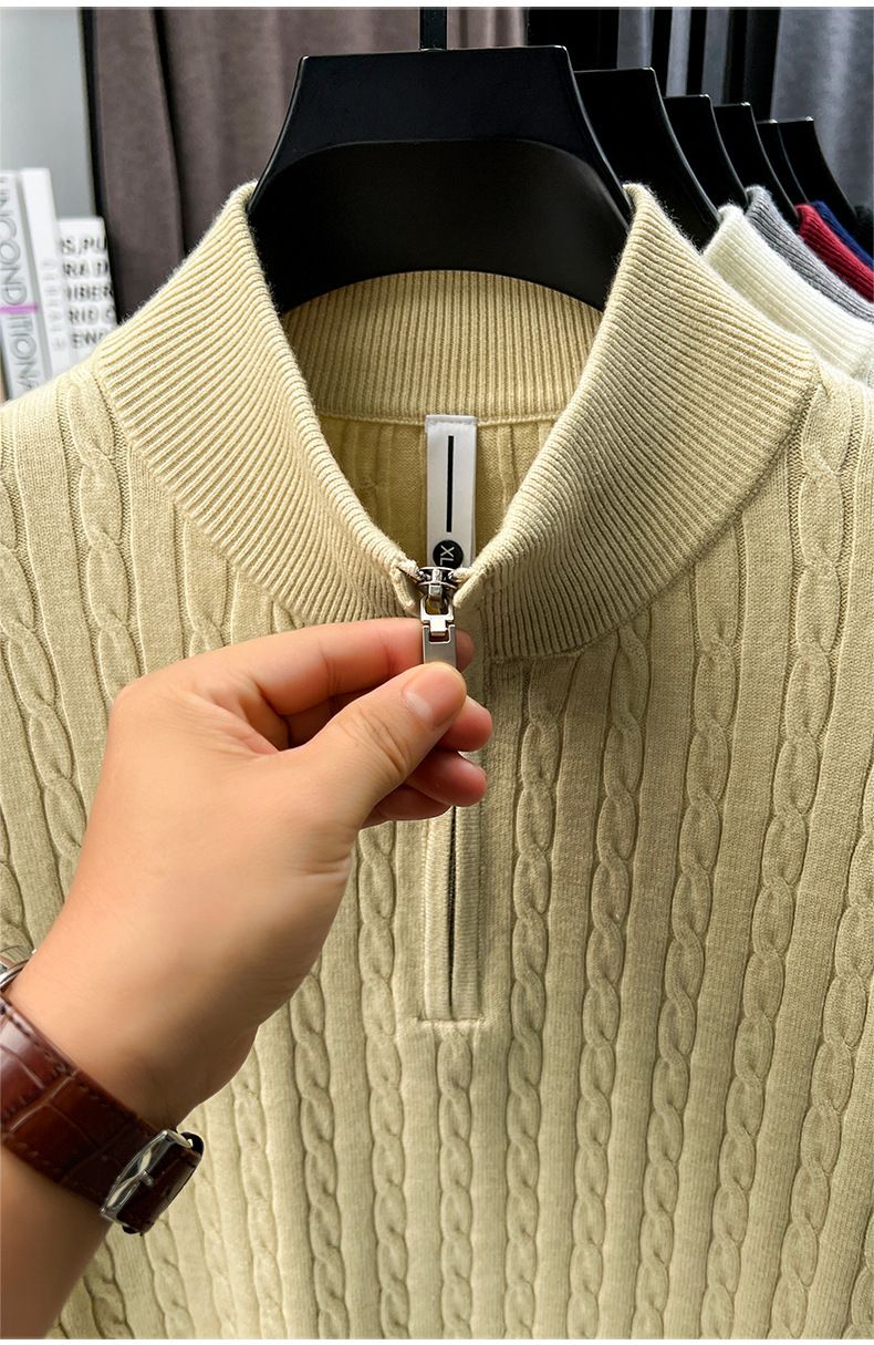 Herren-Strickpullover, dick, halbhoch geschnitten, mit Reißverschluss, lässig, lockere Passform, für Herbst/Winter_voghion.com