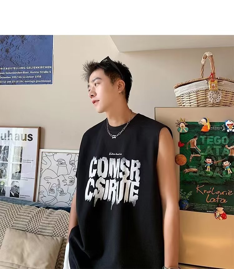 American High Street Veelzijdige mouwloze losse grote tanktop voor jongens Zomer effen sport Kam schouder T-shirt Top_voghion.com