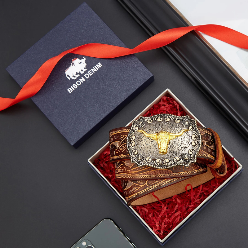 HOT BISON DENIM Herren Western Cowboy Gürtel Longhorn Bull Muster Schnalle Floral Echtes Leder Gravierte Gürtel Für_voghion.com