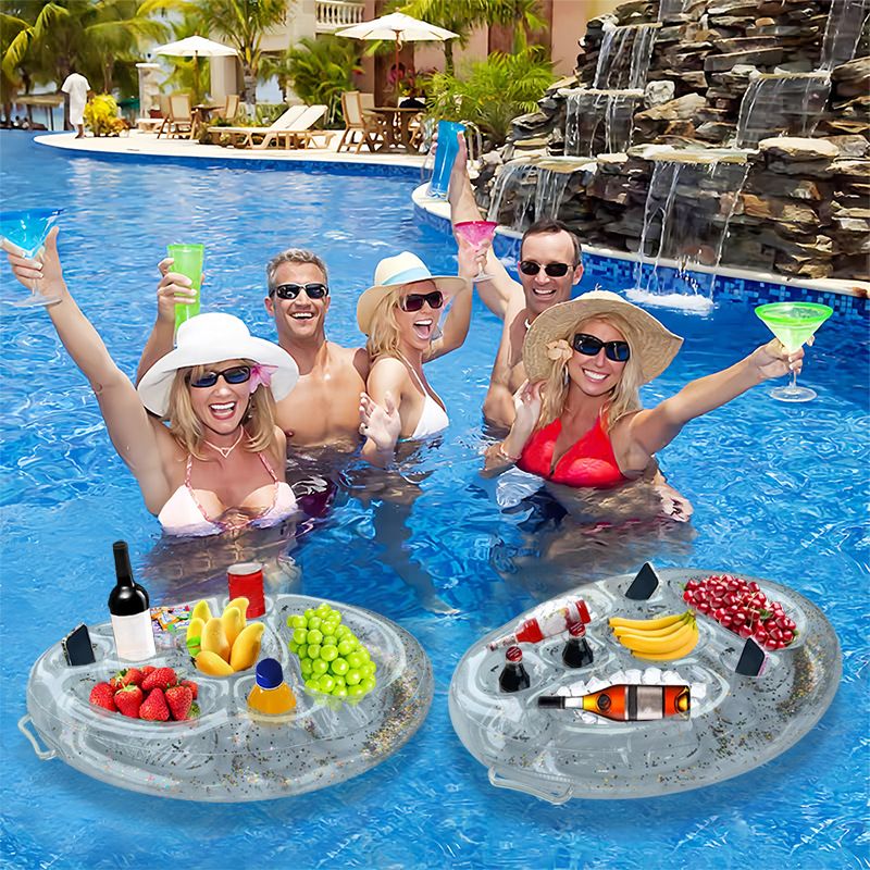Inflatable Floating Thickened PVC Cooler & Drink Holder (Multi-Functional Design Fits 6 Cups + Ice Compartment Includes Repair Kit & Anchor Rope)_voghion.com