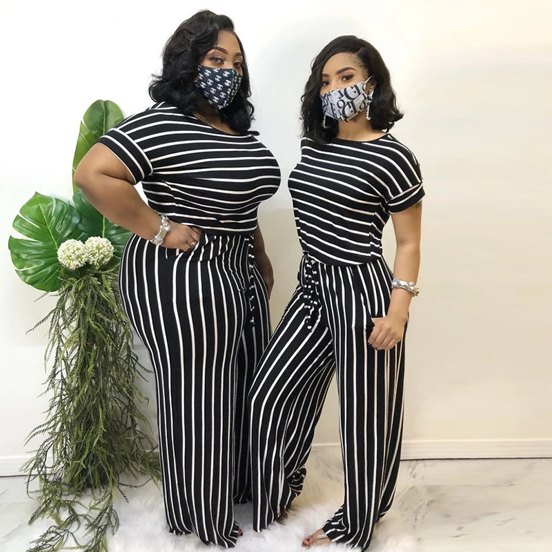 striped printed knitted stretch style women's plus size jumpsuit_voghion.com