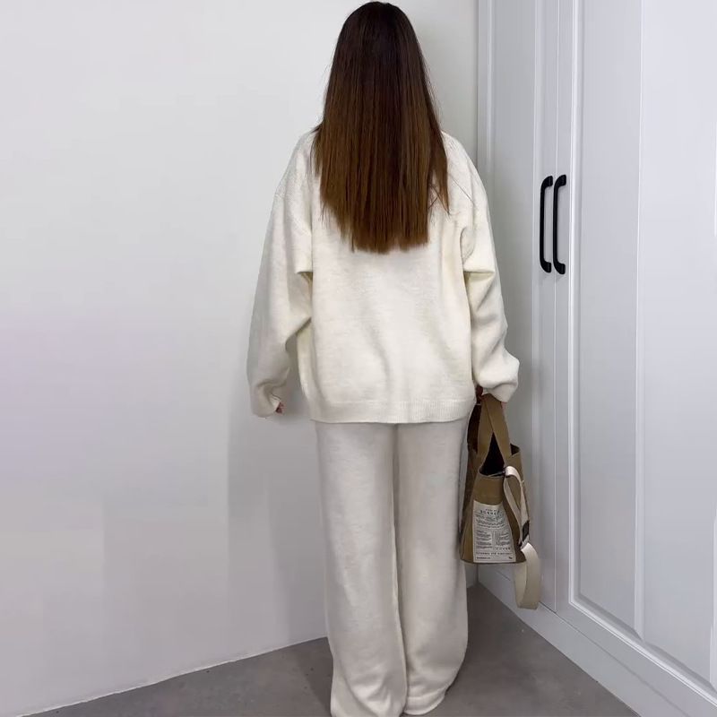 Lässiges, elegantes Outfit-Set für Damen – Strickjacke mit V-Ausschnitt und hoch taillierte Hose mit weitem Bein (7 Farben, Übergrößen geeignet)_voghion.com