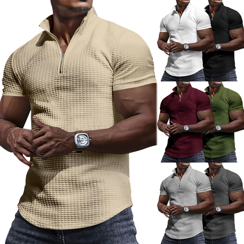 24 Poloshirt mit Stehkragen für Herren, kurzärmelig, einfarbig, kariert, mit Reißverschluss, T-Shirt für den Sommer, lässiges Oberteil_voghion.com