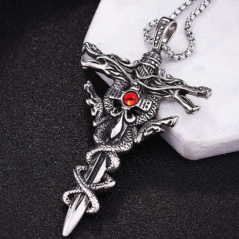 Fashion Double Dragon Sword Titanium Steel Necklace Pendant Retro Punk Cross Lucky Fortune Men's Accessories Jewelry _voghion.com