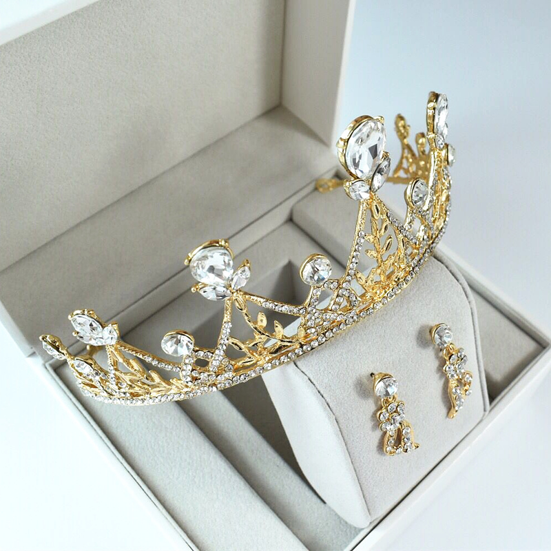 HG0131 Nuovi orecchini a corona da sposa Set fascia con diamanti Accessori per corona di compleanno fatti a mano con diadema di cristallo_voghion.com