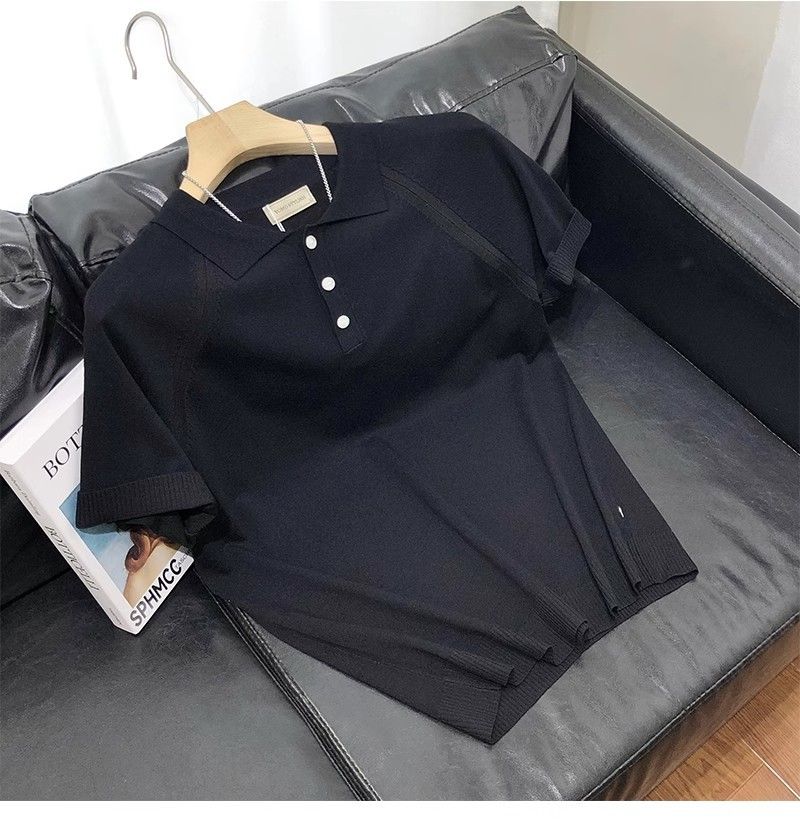 Herrenbekleidung Coole gestrickte kurzärmelige Unterteile für Männer, hochwertiges Rundhals-T-Shirt im Retro-Stil für Jugendliche in Volltonfarbe_voghion.com
