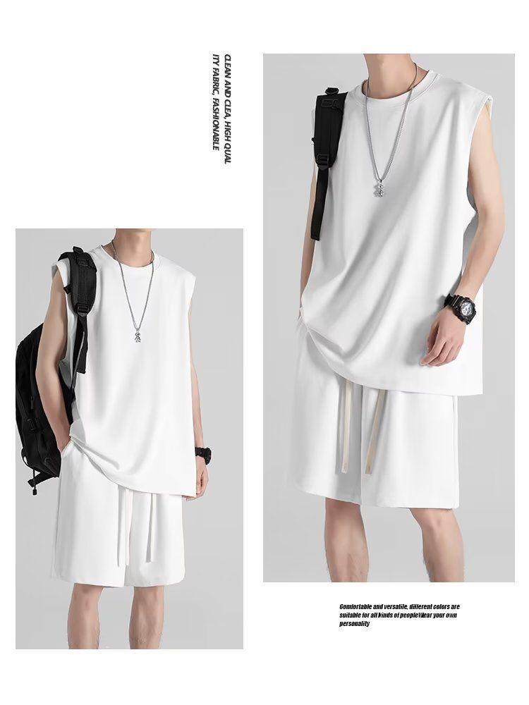 men's clothing two-piece ice silk sleeveless T-shirt men's summer sports suit vest men's trendy basketball vest shorts_voghion.com