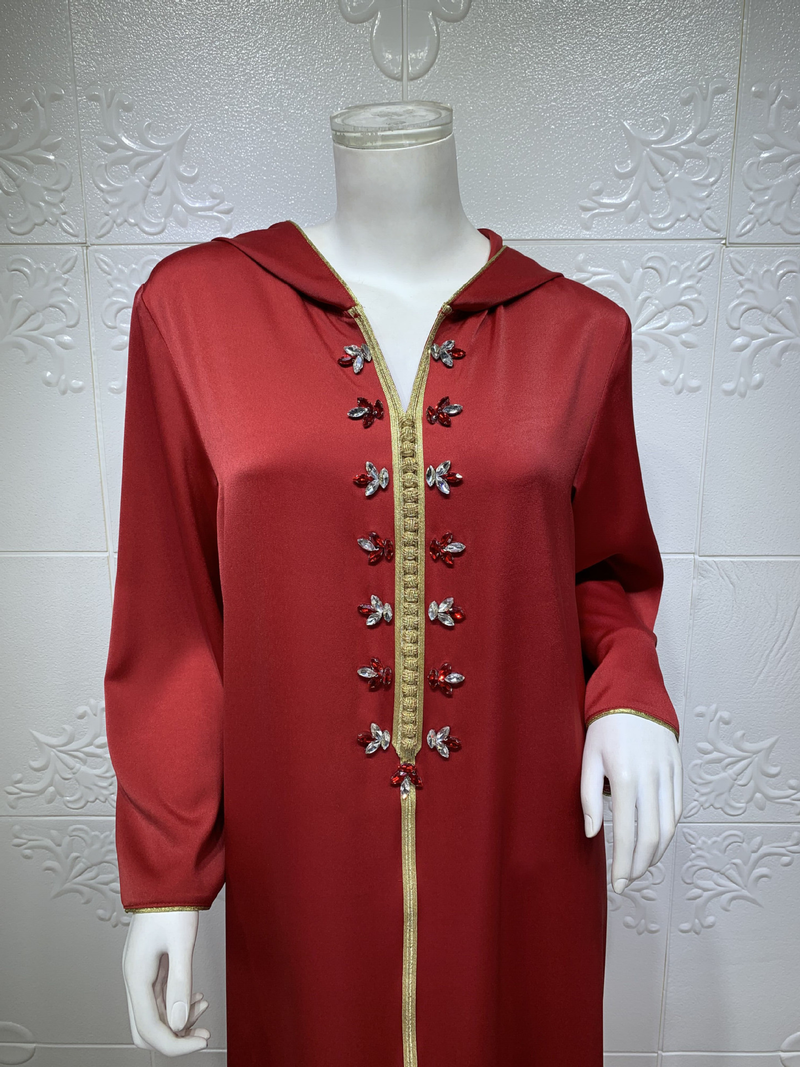Vestido muçulmano feminino de cetim com contas abaya Dubai leve vestido de noite étnico luxuoso_voghion.com