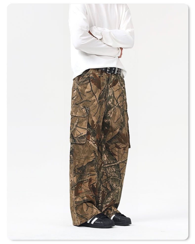 Hue Hue JIAMU Branch Camouflage Ins Cargo American Vintage Design Loose Outdoor Casual Pants Printed Relaxed Fit_voghion.com