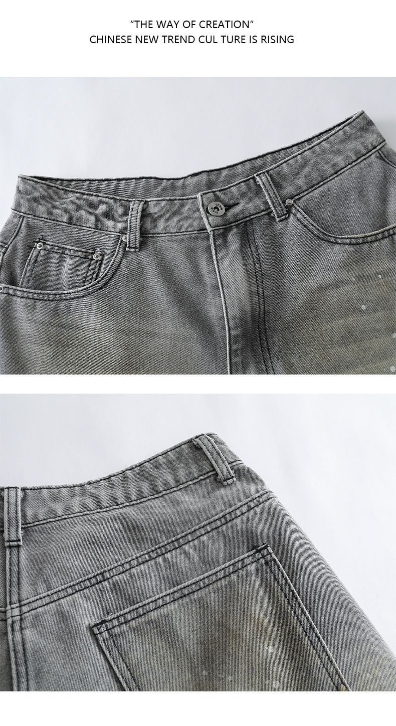Herrenbekleidung Retro Washed Distressed Ink Splashed Jeans High Street Personality Loose Wide Leg Shorts_voghion.com