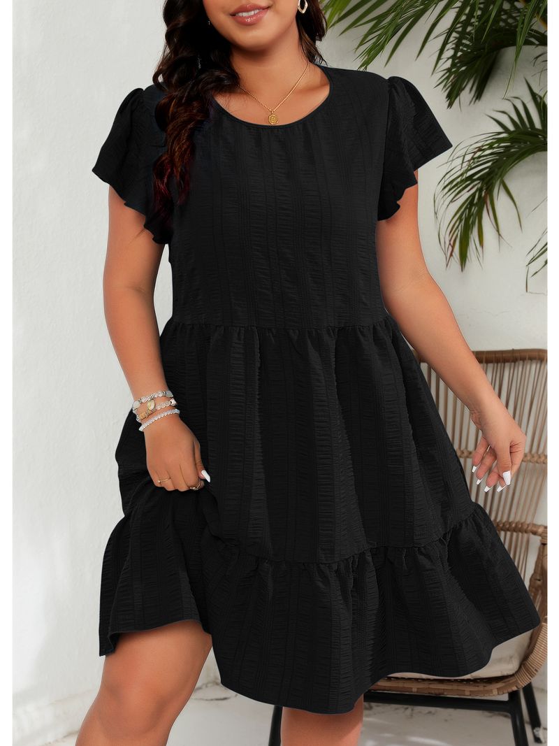 Women's Clothing Large Size Round Neck Lotus Leaf Sleeve Waist Holiday Leisure Temperament Dress_voghion.com