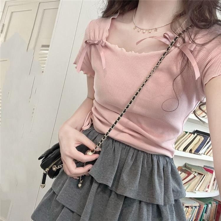 Maglietta estiva da donna con scollo quadrato e maniche a spalla, modello corto francese, vestibilità attillata, stile balletto rosa, dolce e piccante_voghion.com