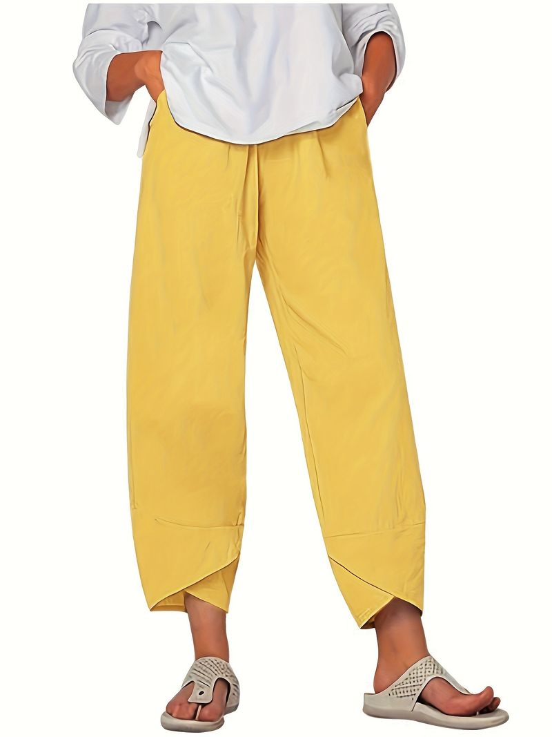 Pantaloni larghi alla moda da donna, casual, larghi, in cotone e lino, con elastico in vita, a nove punte_voghion.com