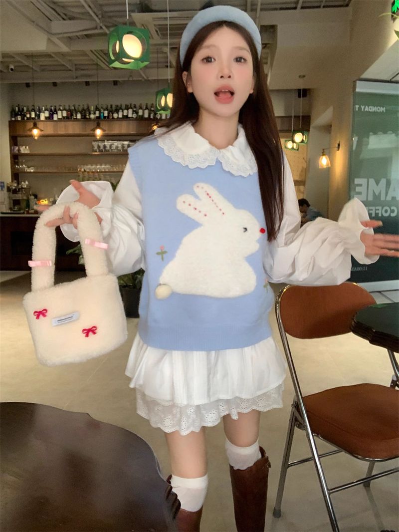 Sweet Rabbit~Cute Reduced Age Rabbit Jacquard Stacked Vest with Three Dimensional Plush Ball Decoration Exterior Top_voghion.com