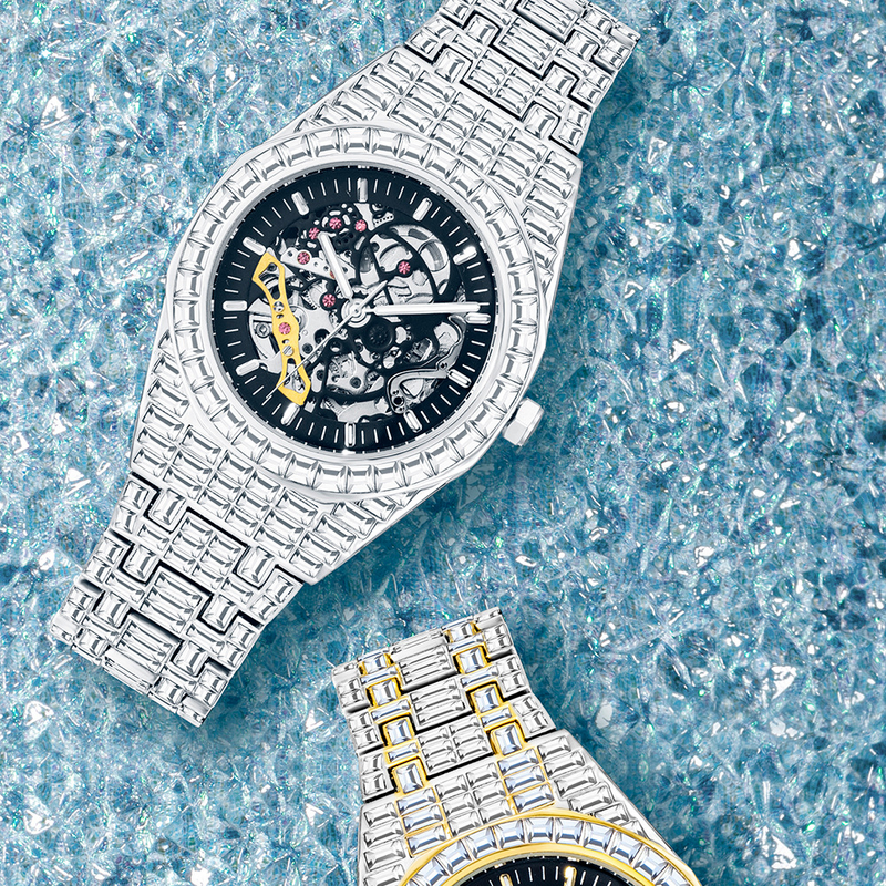 MISSFOX Ceas bărbătesc MISSFOX Silver Senior, complet mecanic, cu diamant pătrat, de lux, strălucitor, gol_voghion.com