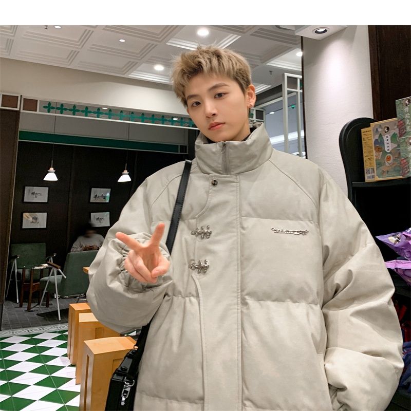 Hue Hue PU Leather For Men Winter Metal Airplane Buckle American Style Coat Thickened Warm Loose Puffer Cotton Padded Jacket_voghion.com