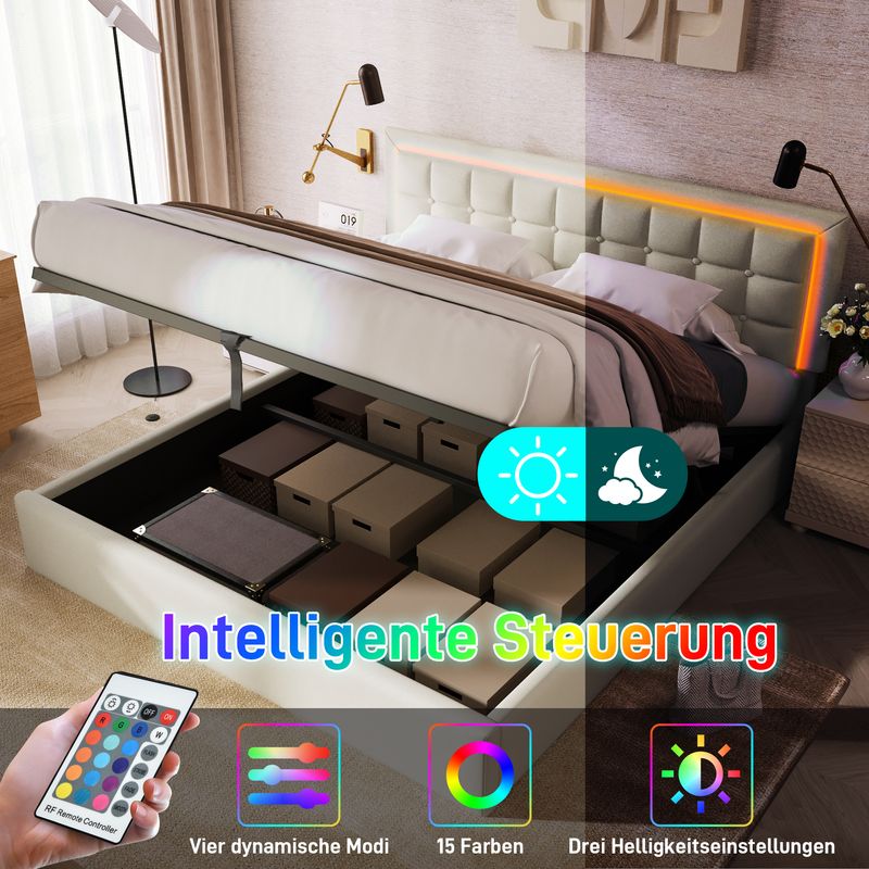 Lit double 140 x 200 cm avec sommier à lattes et rangements, avec bande lumineuse LED, cadre de lit rembourré en similicuir blanc._voghion.com
