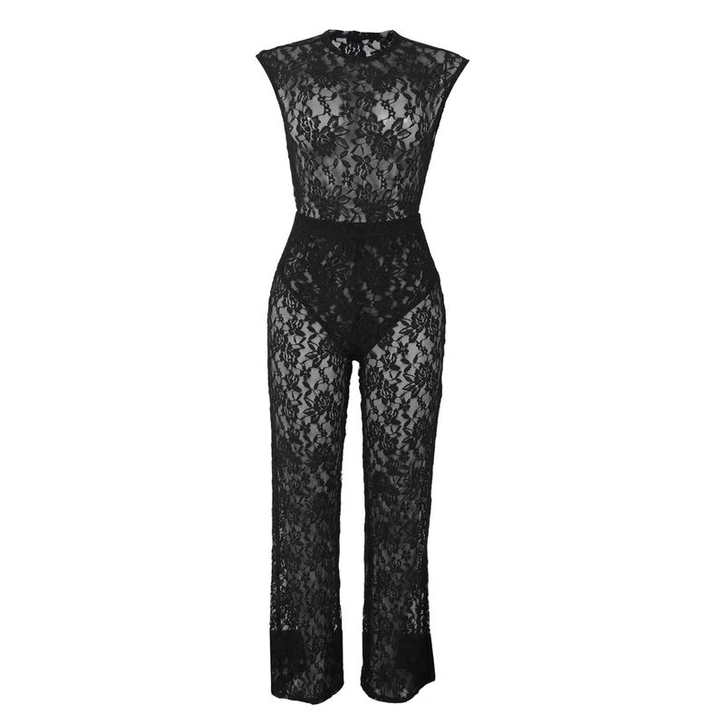 Elegante completo in pizzo da due pezzi: top trasparente aderente e pantaloni con elastico in vita per donna_voghion.com
