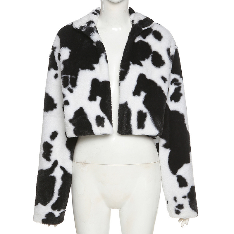 Women's autumn and winter new black and white polka dot plush loose coat women stand collar_voghion.com