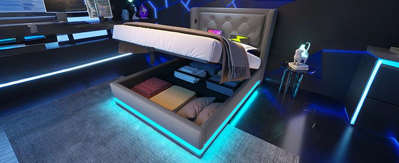 Polsterbett Doppelbett 90*200 Cm,Grau Baumwolle-Material Hydraulisches Stauraumbett, Gepolstertes Kopfteil Mit USB Typ-C Ladefunktion, 3-seitige LED-Funktion(Mit Matratze)_voghion.com