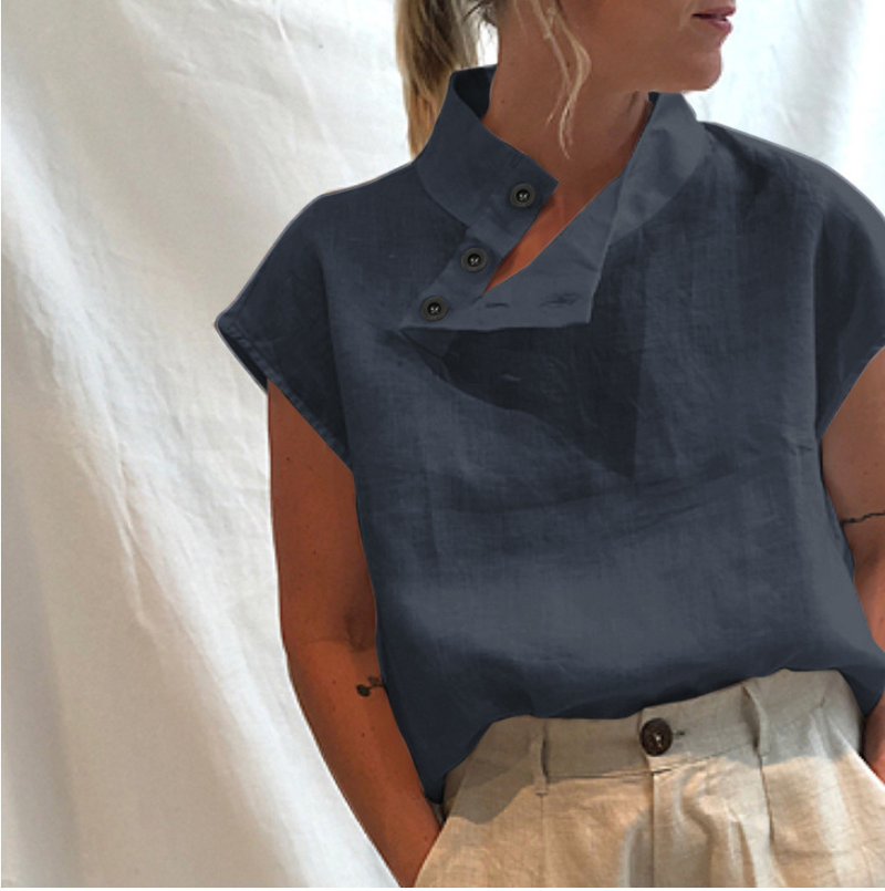 Damen Pullover mat kuerzen Äermelen, Knäppercher, lockerem Standkragen_voghion.com
