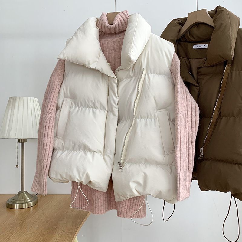 Women's Puffer Vest With High Collar - Winter Quilted Sleeveless Jacket, Oversized Standalone Or Layering Piece (Beige/Black/Khaki, S-XL) _voghion.com