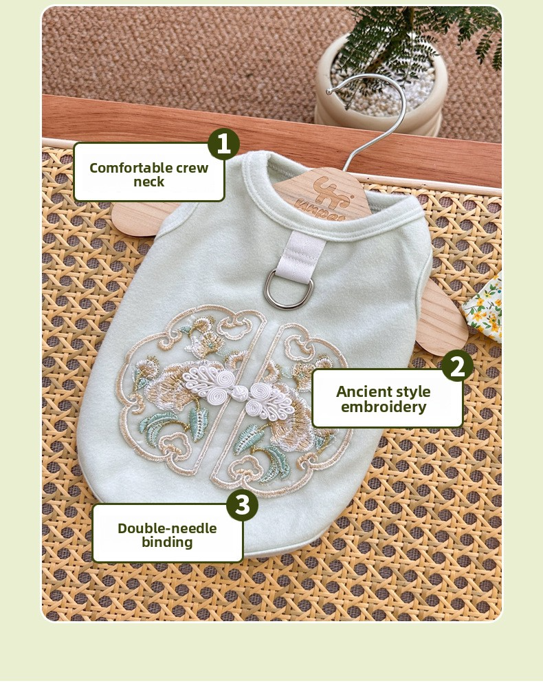 Spring And Summer New Pet National Style Dog Cat Clothes Teddy Than Bear New Chinese Buckle Embroidered Traction Vest_voghion.com