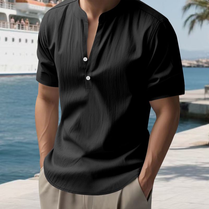 Camicia da uomo slim fit in lino, traspirante, a maniche corte, antipiega, elasticizzata, casual, tinta unita, per l'estate (bianco/nero/kaki/azzurro S-XXXL)_voghion.com