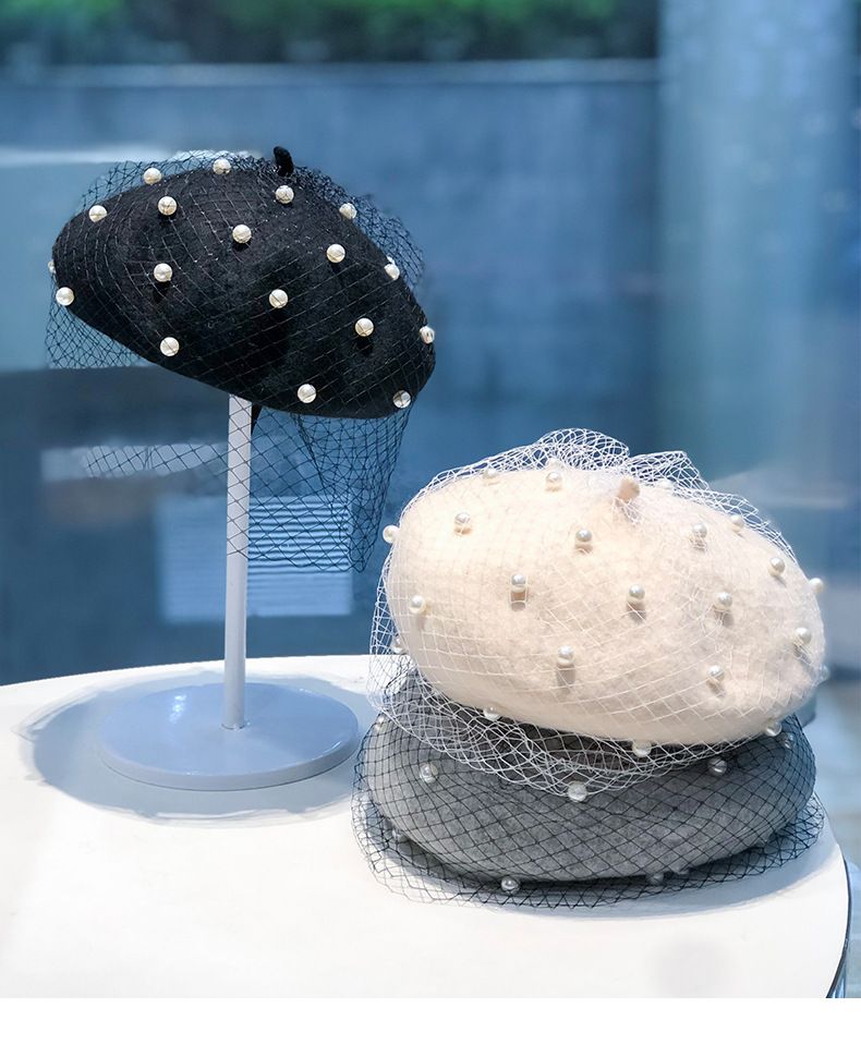 Heißer Verkauf Chic Wollmischung Vintage London mit Schleier Mesh Show Doppelschicht Damen Baskenmütze Beanies Caps Gorro für Ladys Bankett_voghion.com