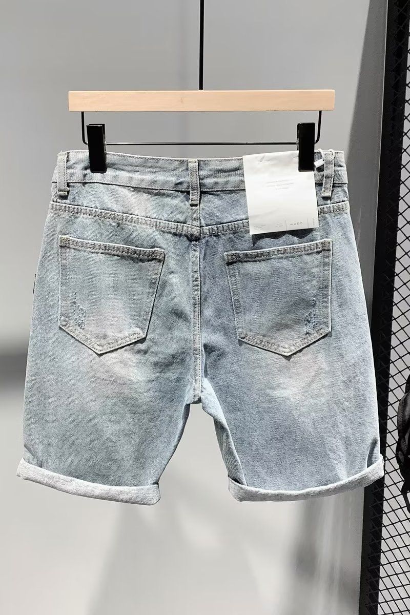 Sommer Neue Hellblau Gewaschen Einfache Und Vielseitige Denim Shorts, Herren Personalisierte Leder Label Dekoration, Jugend Fünf_voghion.com