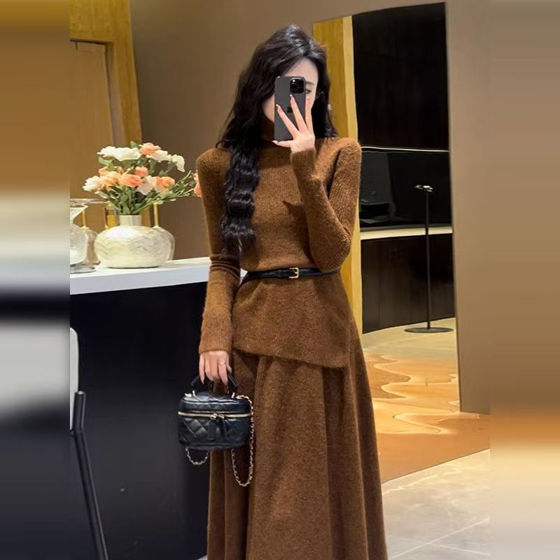 KANING Koreanischer Stil Gestricktes Zweiteiliges Herbst-Winter-Set mit französischem High-End-Pulloverrock_voghion.com