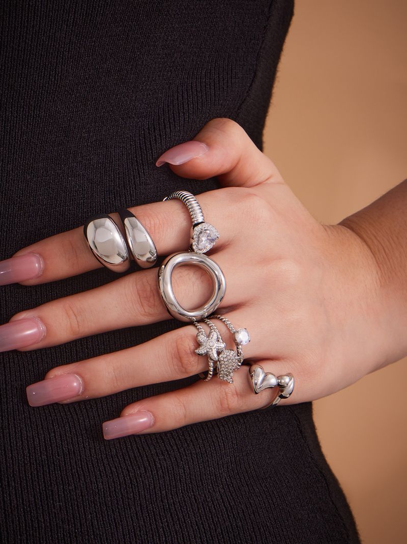 Sugar Cube Retro Love Heart Several Diamond Ring Irregular Smooth Titanium Steel Non Fading Open Ring Combination_voghion.com