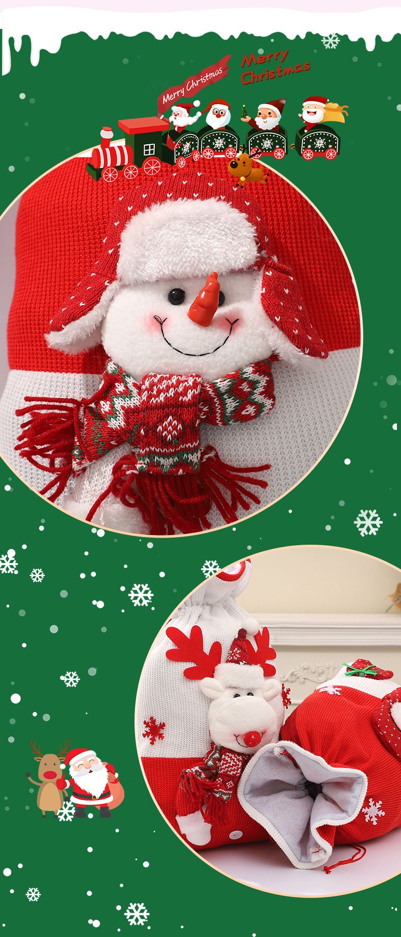 Sacs cadeaux de Noël tricotés avec cordon de serrage - Cadeaux de fête sur le thème du Père Noël, du bonhomme de neige et du renne, sacs à bonbons, pochette décorative_voghion.com