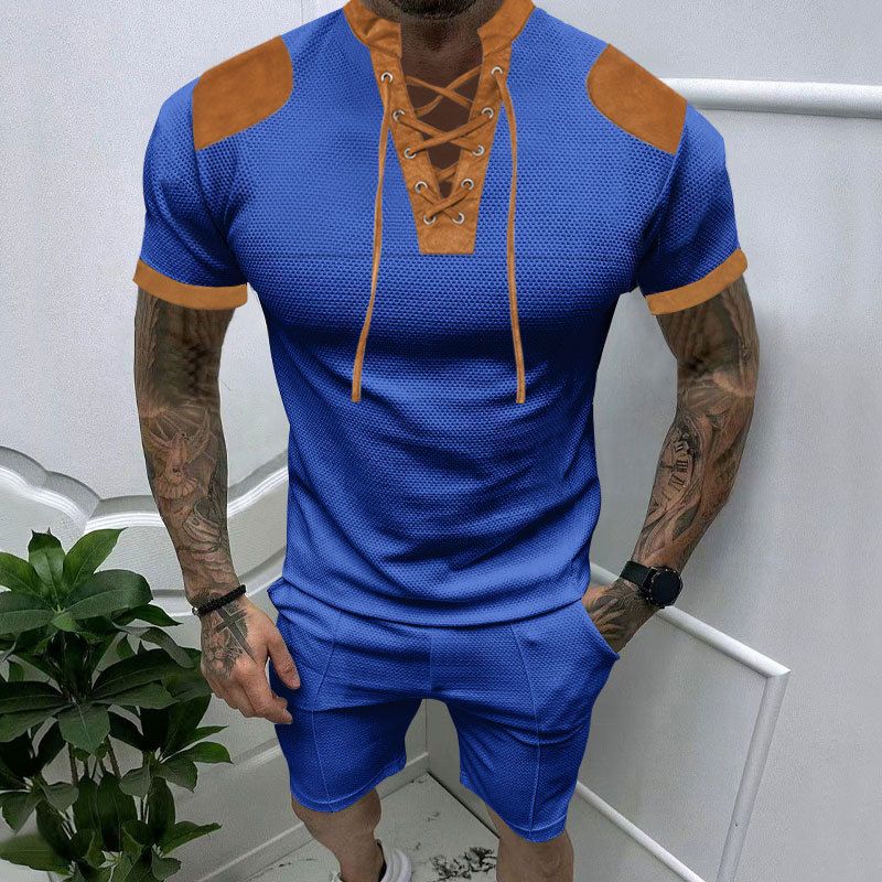 Camisa Henley de manga curta de verão, camiseta masculina com decote em V e alça, conjunto de cores combinando_voghion.com