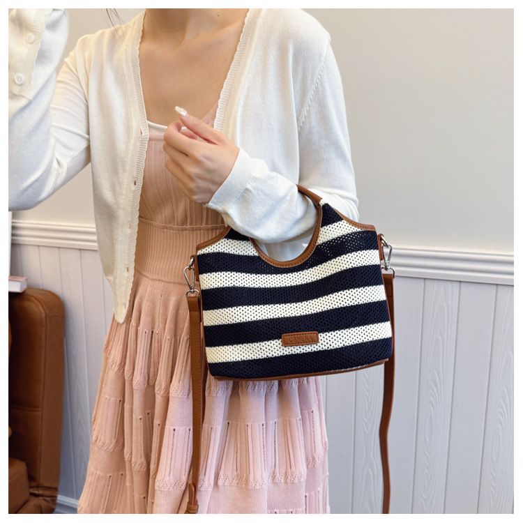 Borsa a secchiello con motivo a righe per donna, borsa da spiaggia casual in stile vacanza di grande capacità, tracolla singola_voghion.com