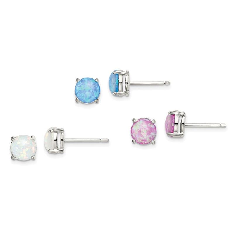 Sterling Silver Polished Pink, White & Blue 7mm Round Created Opal 3 Pair Set Of Stud Earrings_voghion.com