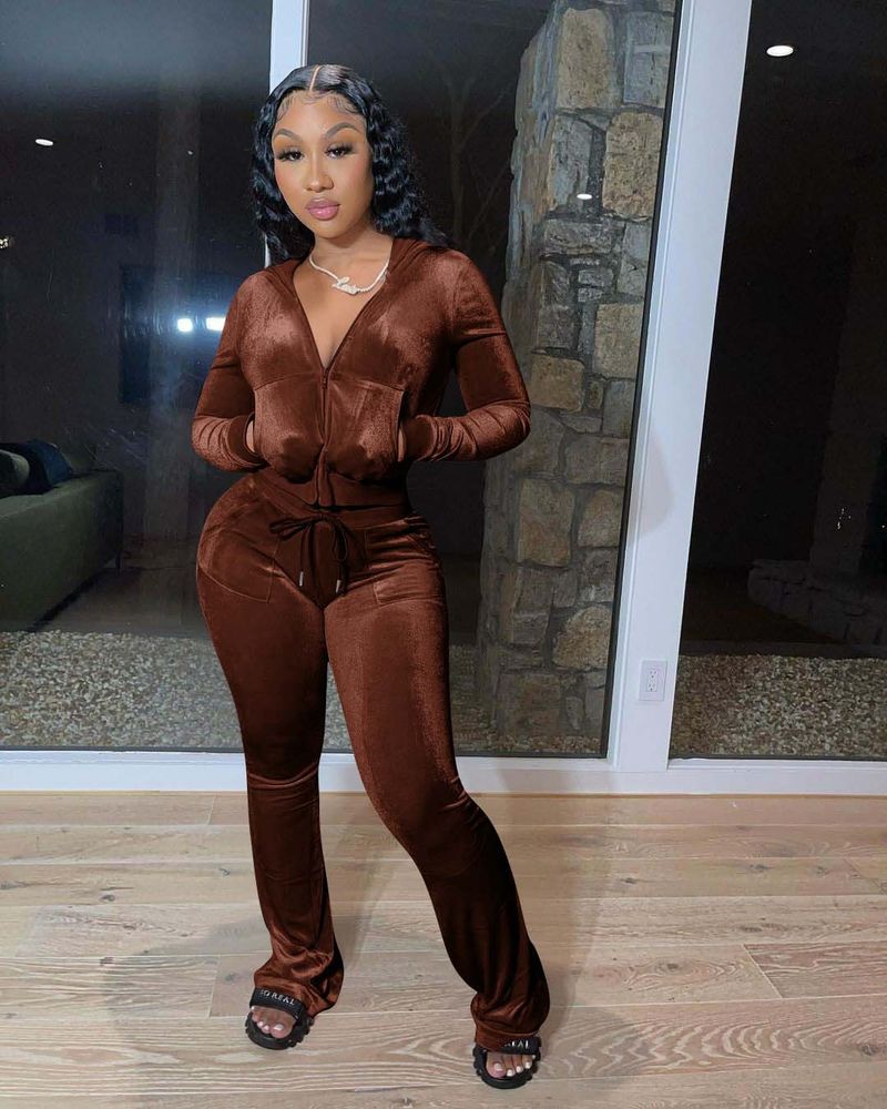 Women's Solid Color Multi-color Casual Canary Pocket Hooded Zipper Hoodie Wide Leg Pants Two-piece Set_voghion.com