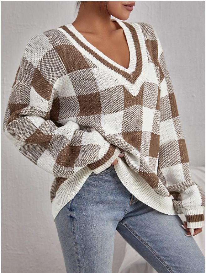 Maglione lavorato a maglia versatile a maniche lunghe con scollo a V, casual e scozzese, per donna, autunno inverno_voghion.com
