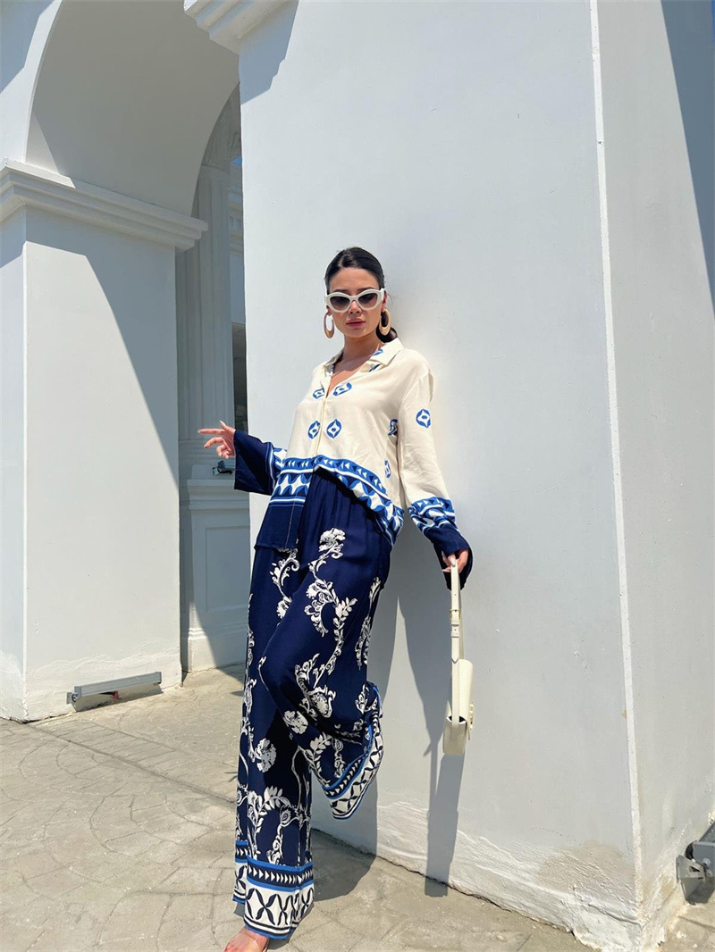 Ensemble deux pièces imprimé pour femmes, haut ample à manches longues, pantalon à jambes larges, nouvelle mode de positionnement_voghion.com