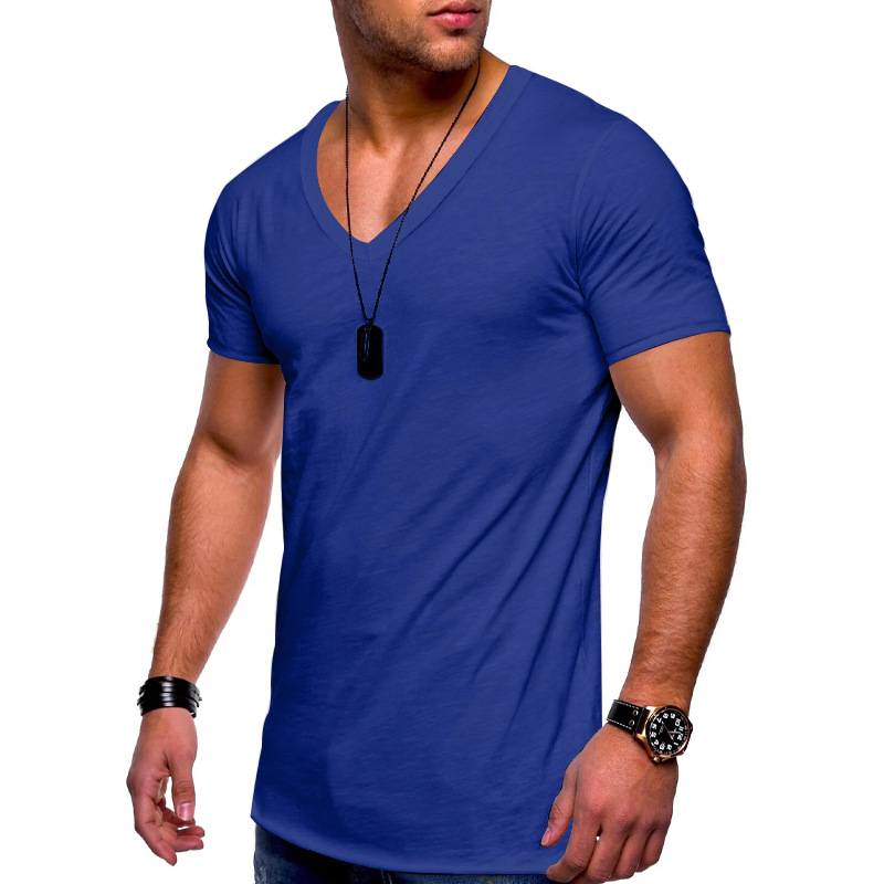 Men's v-neck solid color plus size casual short-sleeved t-shirt_voghion.com