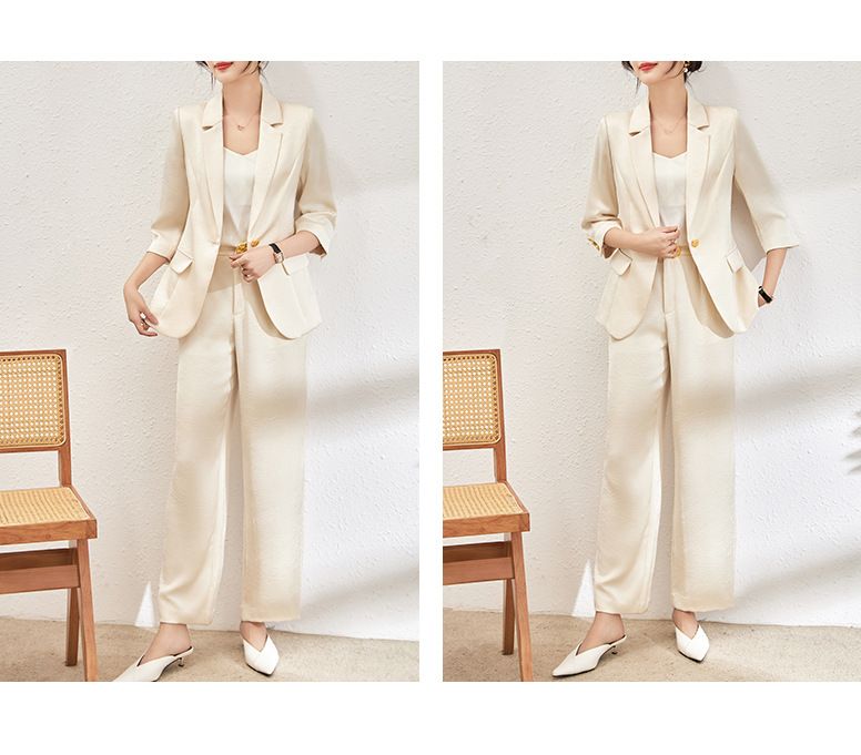 GraceChic 2401114-Spring Main Promotion Satin Wrinkled Quality Blazer + Straight-Leg Pants Two-Piece Set Elegant Commuting_voghion.com