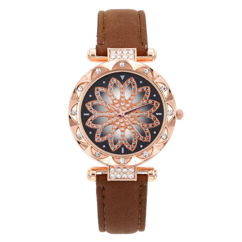 Montre avec incrustation de diamants, bonne fortune pour les loisirs, bracelet en cuir givré, montre à quartz pour femmes_voghion.com