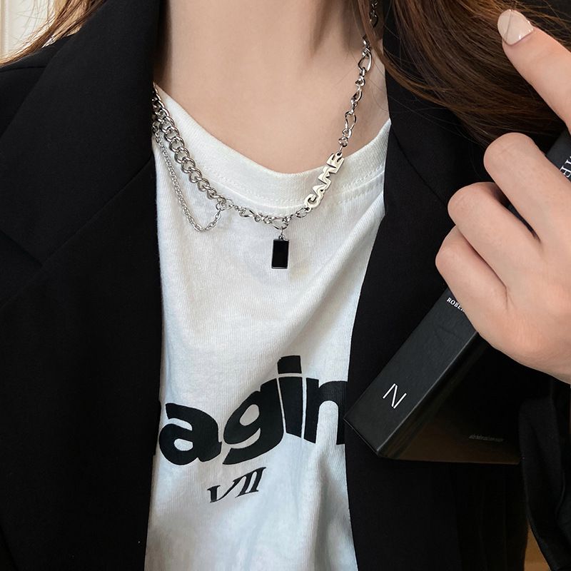 Black zircon letter stitching silver necklace female 2023 new hip-hop clavicle chain ins niche personality necklace_voghion.com