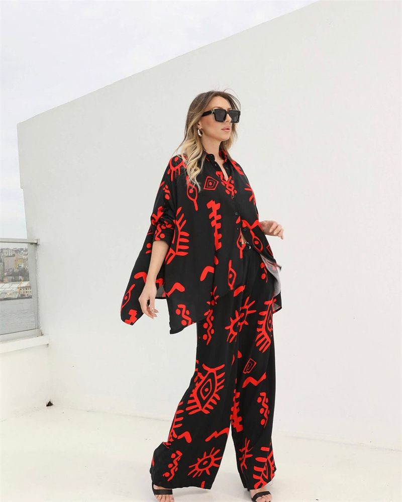 Abbigliamento da donna spot abbigliamento da donna 2024 nuova moda top larghi stampati con lacci pantaloni a vita alta gamba larga set due pezzi_voghion.com