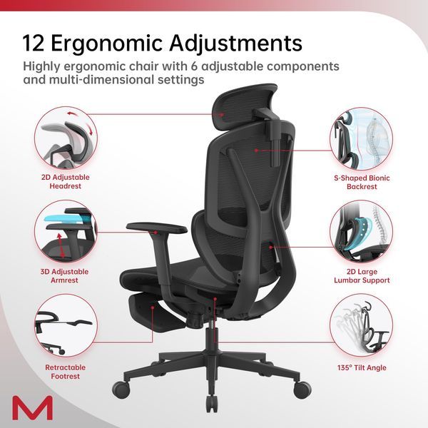 M2-MT Ergonomic Office Chair High Back Desk Chair With Large Elastic Adaptive Lumbar Support With Retractable Footrest 3D Headrest ARSS Armrest 135°_voghion.com