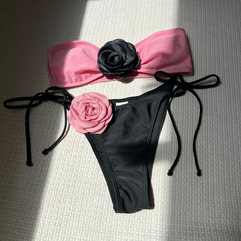 Dameskleding Kleur bijpassende rozen tube top met trekkoord bandjes split badpak bikini_voghion.com