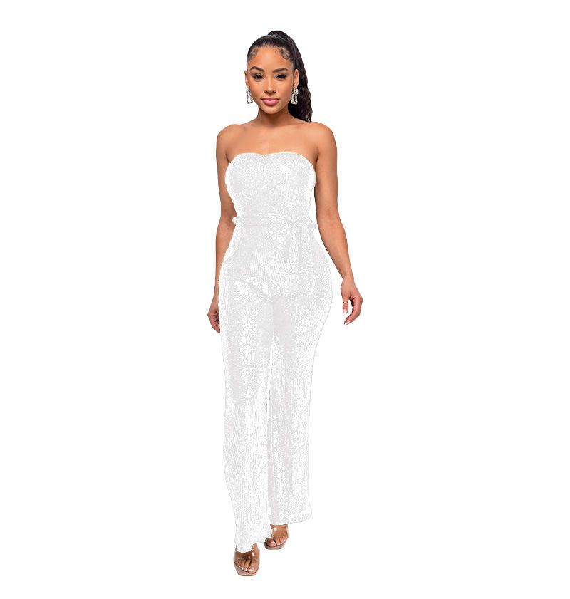 Dametøj Ærmeløs pailletterbæltejumpsuit ensfarvet tubetop rygløs jumpsuit_voghion.com